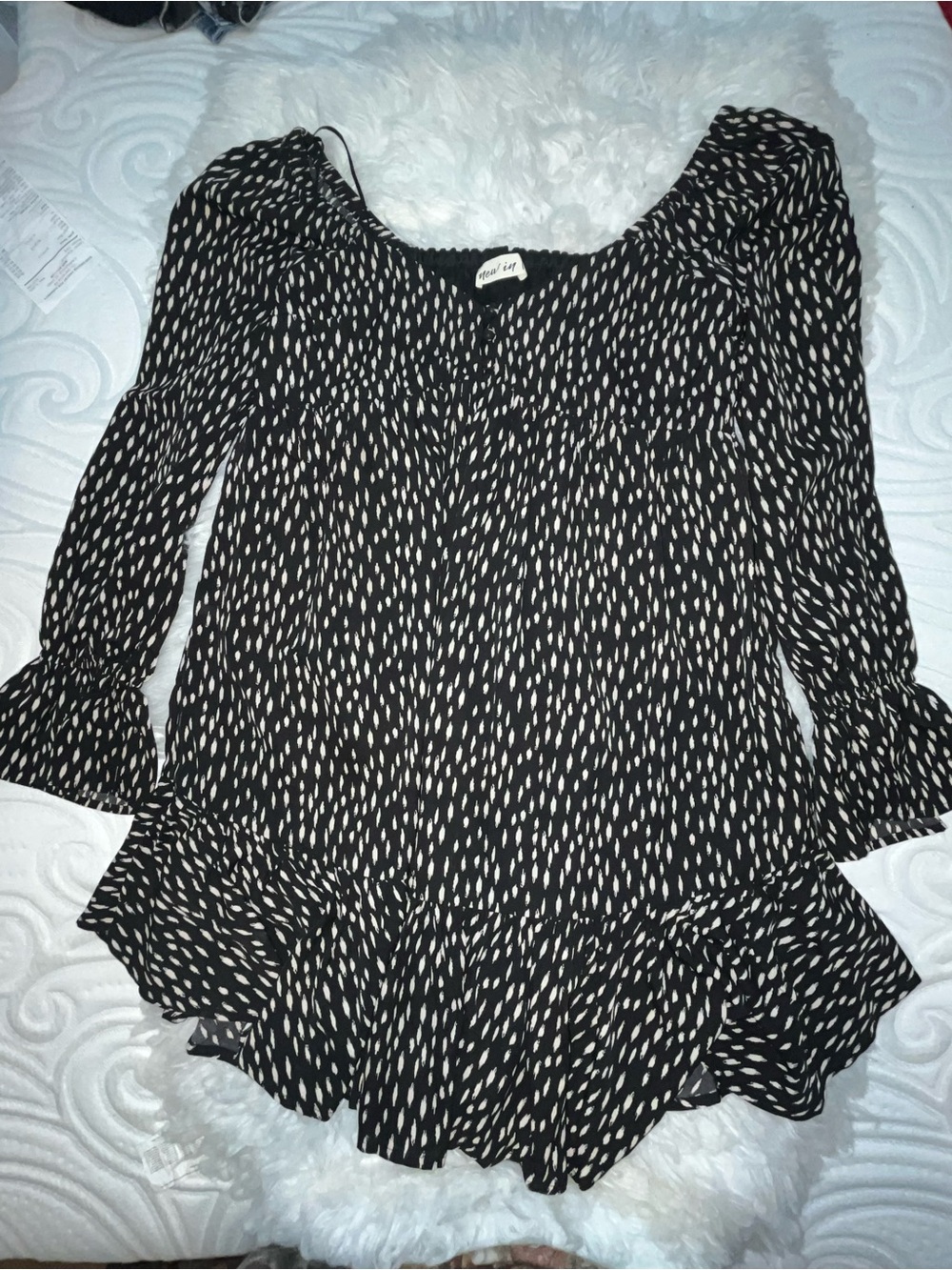 Long-Sleeve Black & Cream Ruffle-Hem Dress
